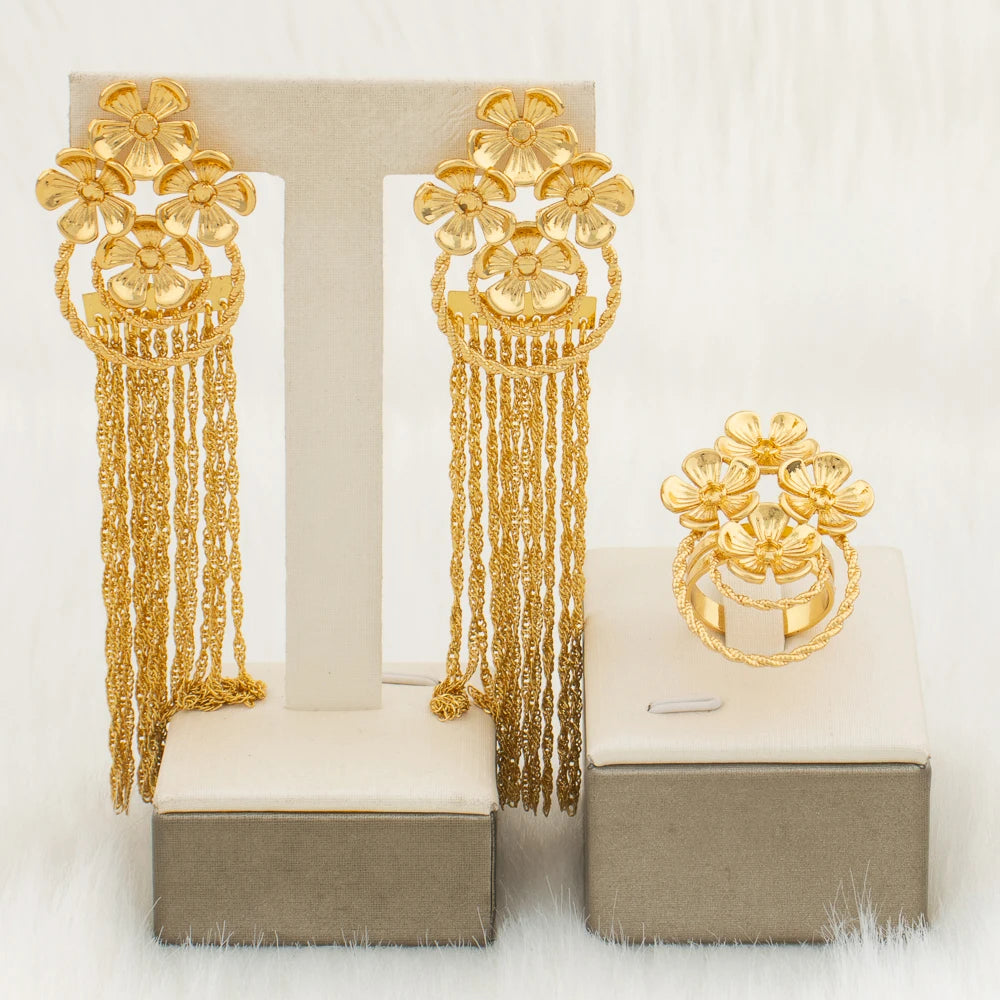 Dubai African Earrings and Ring Drop Long Earrings Flower Sexy Jewelry For Women Wedding Young Lady Big Light Weight Jewelry