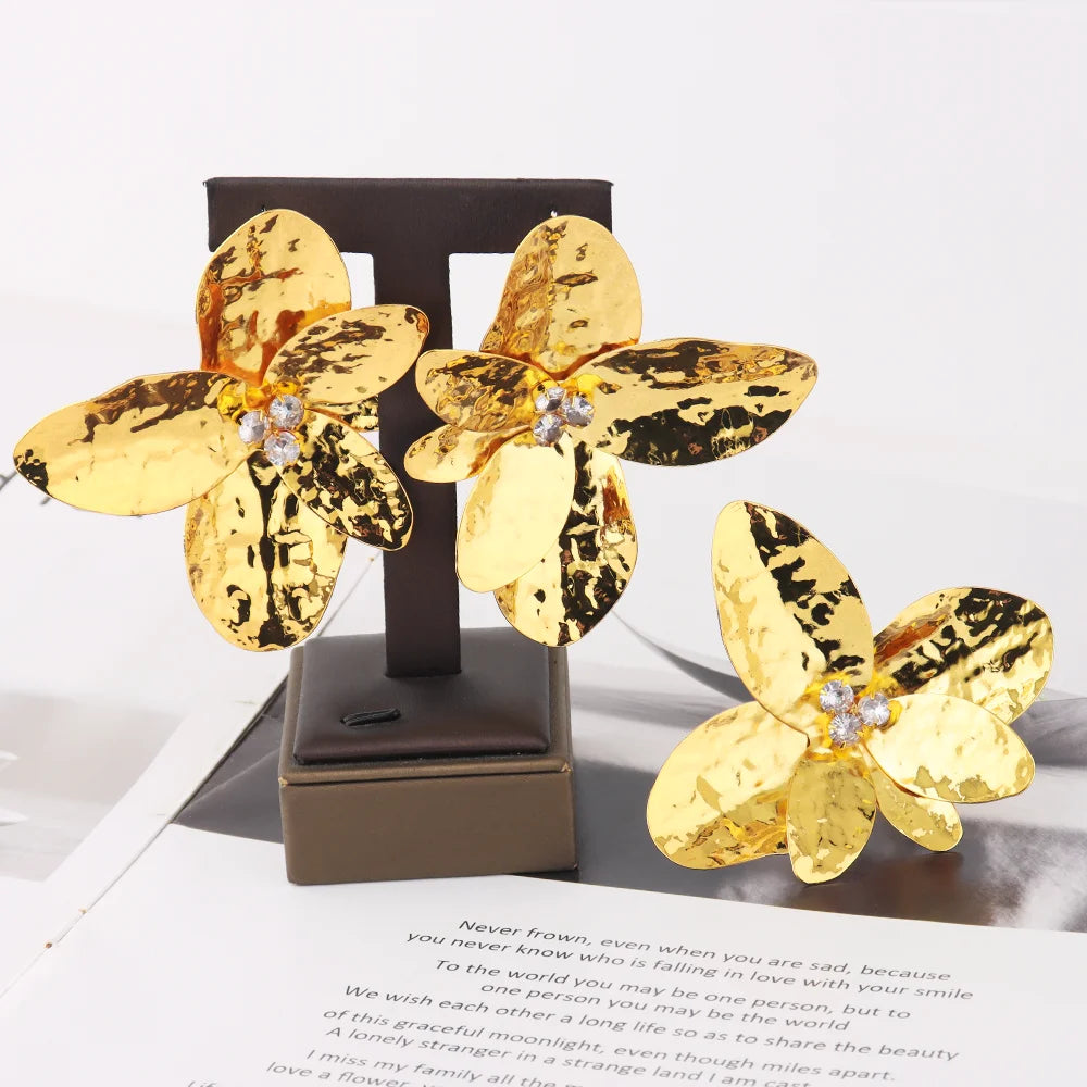 Dubai Women's Fashion Jewelry Set Waterproof Flower Earrings And Ring Nigeria Dating Travel Clothing  Accessories Easter Gift