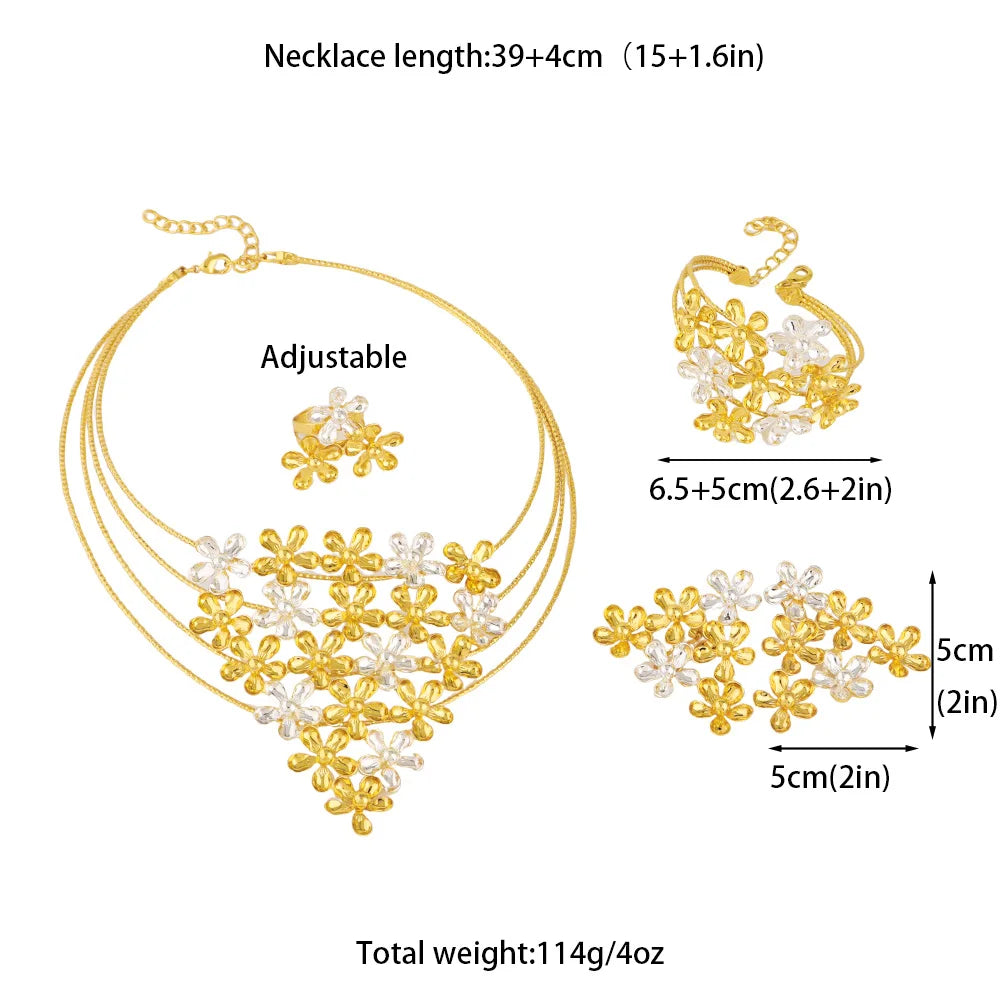 Fashion Silver Gold Color Hollow Shape Necklace Earrings Bracelet Ring Set for Women Exaggerated Design Jewelry Gift for Party