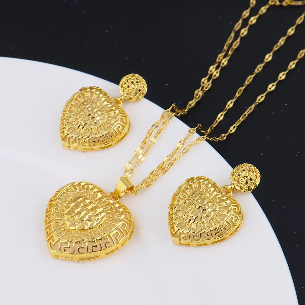 Dubai Heart Shape Necklace Earrings 24K Gold Plated Jewelry Set Women African Indian Nigerian Bride Wedding Party Gift Jewelry