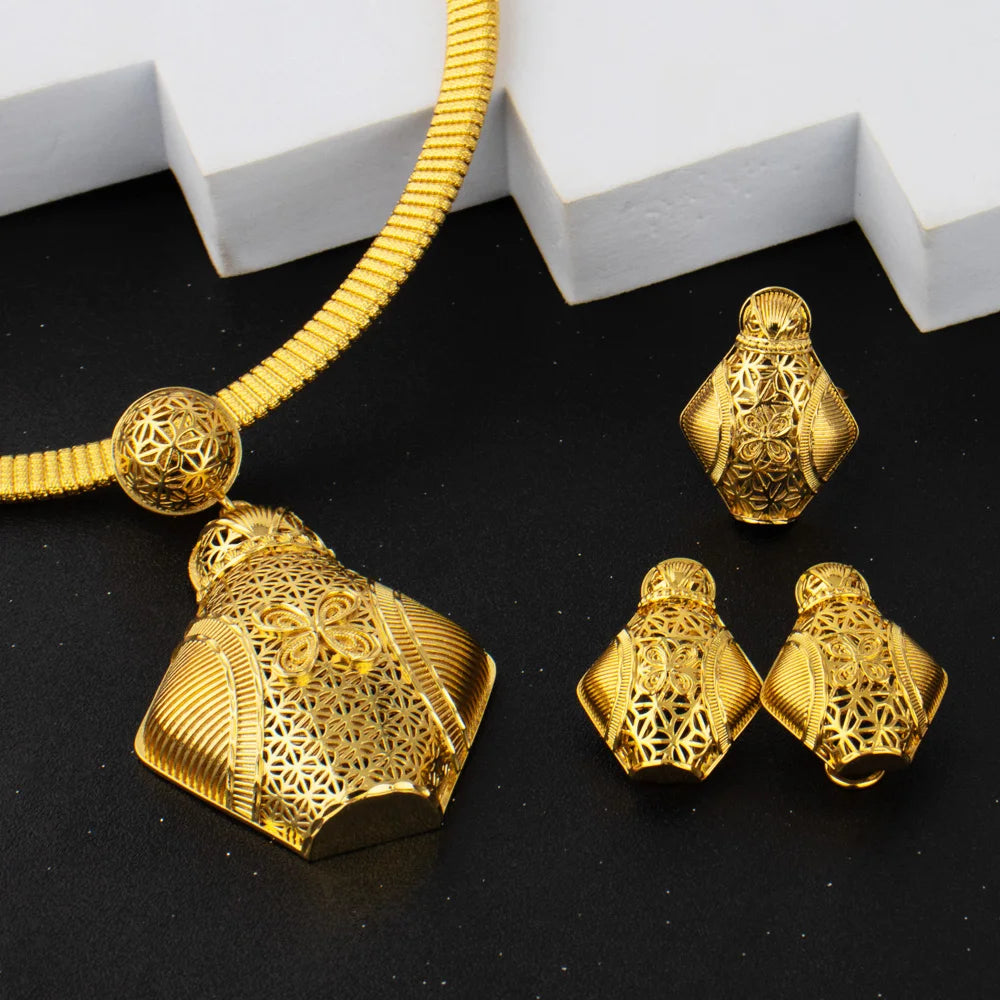Luxury Nigeria Gold Color Jewelry Set For Women Dubai Nesting Doll Necklace Ring Drop Earrings Gift For Young Girl Party Easter