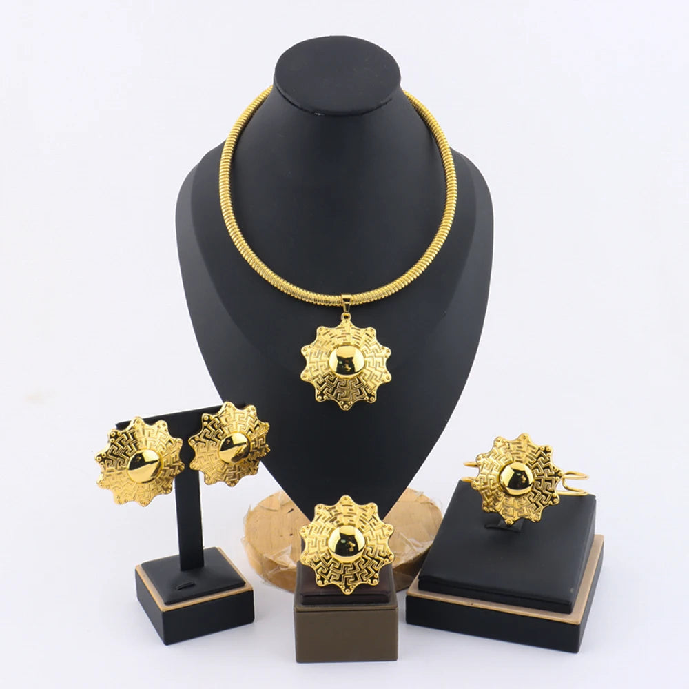 YM Sun Shape Jewelry Sets For Women Fashion Copper Earrings Bangle Necklace and Ring Accessories Gift For Dubai Party Wedding