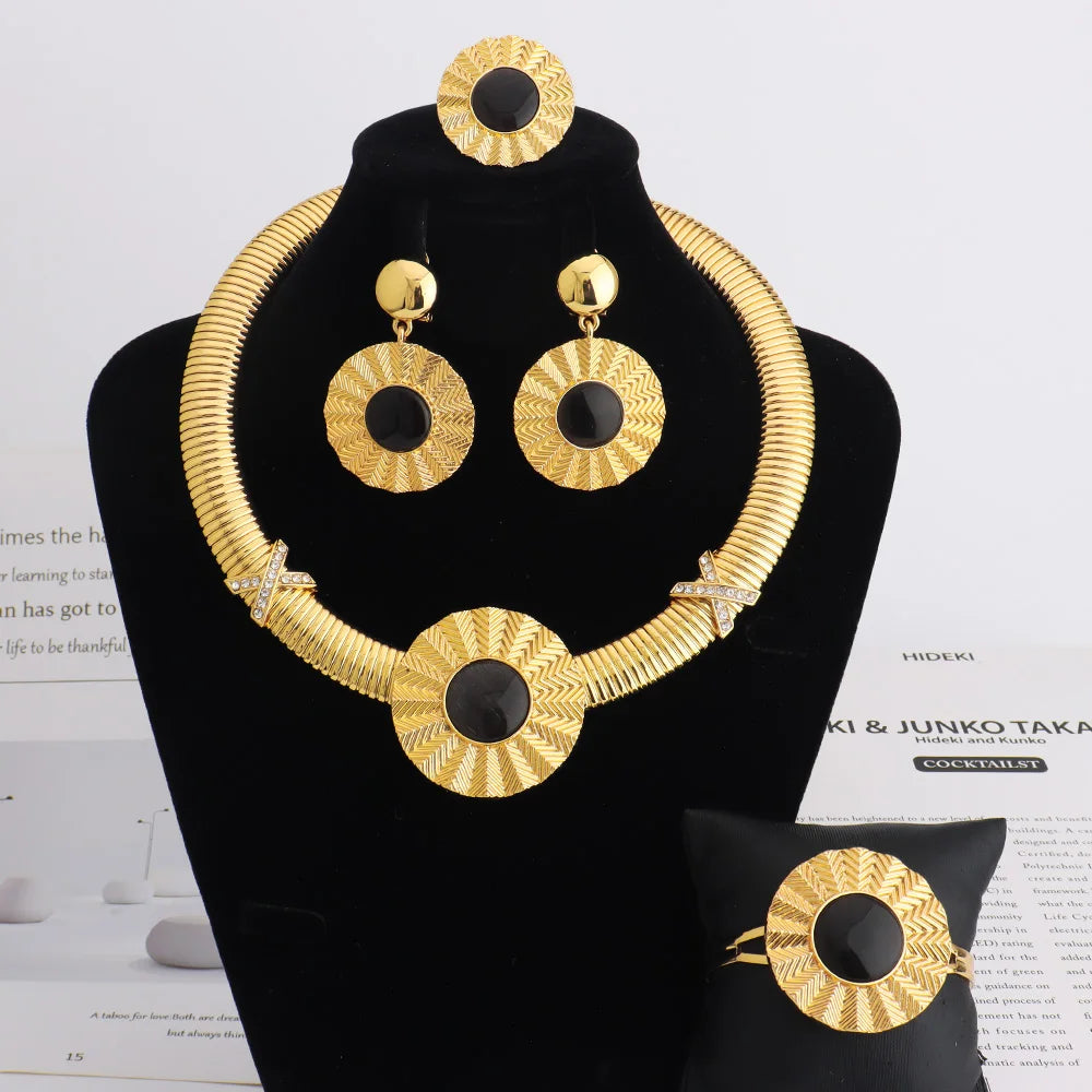 Luxury Sunshine Flower Shape Necklace Ring Earrings Bracelet For Women Dubai Nigeria Jewelry Gifts For Party Wedding Banquet