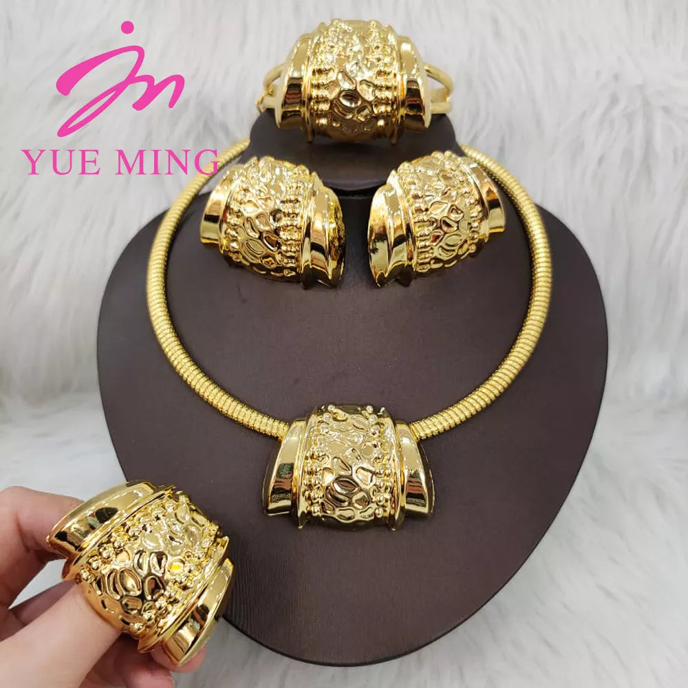 Gold Color Jewelry Sets For Women Earring Necklace Dubai Nigeria Copper Bracelet Rings Bridal Wedding Party Gifts Daily Wear - YUEMING JEWELRY