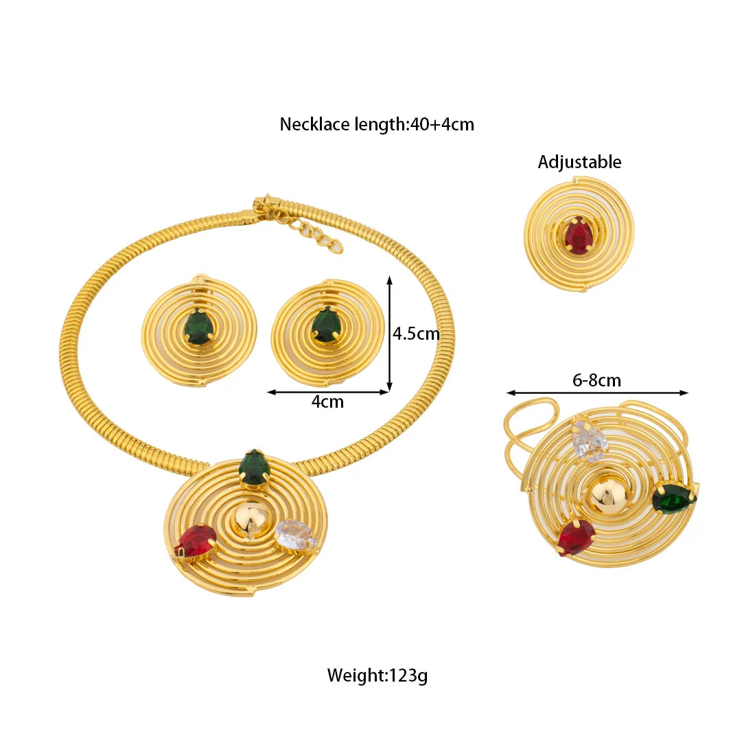 2025 New Style Gold Color Jewelry Set Circle Shape Earrings Colored Zircon Necklace Ring And Bracelet For Banquet Women's Day