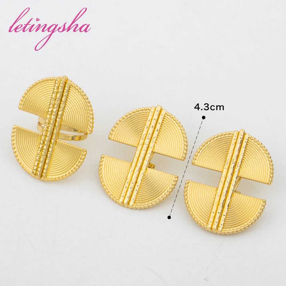 Dubai Gold Color Luxury Earrings and Rings Set African Ethiopian Jewelry Set for Women Fashion Wedding Jewelry Bride Party Gifts