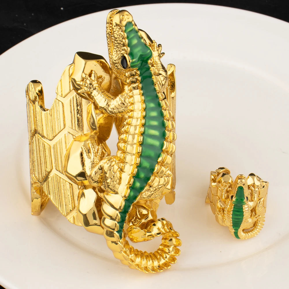 Dubai Gold Plated Invincible Crocodile Bracelet Charm Ring Set for Women African Noble Design Jewelry Gift for Party