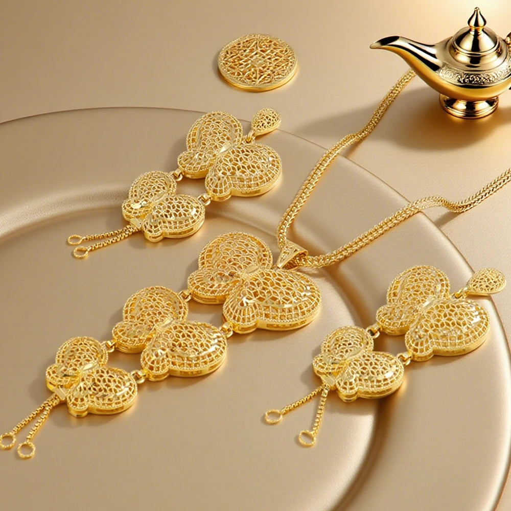 Dubai Gold Color Jewelry Set For Woman Bridal Nigerian Butterfly Shape Stainless Steel Necklace Earrings Jewellery Set Party Gif