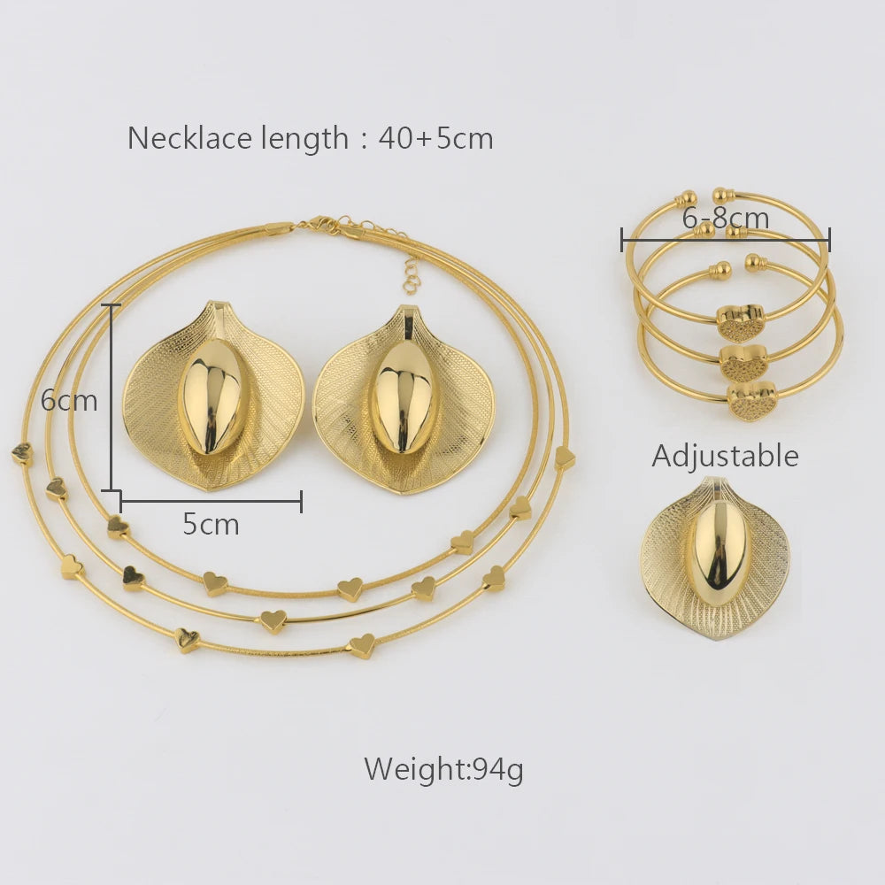Dubai Women Gold Color Big Leaves Shape Jewelry Sets Luxurious Earrings Bangle Necklace and Ring Accessories Gift For Party