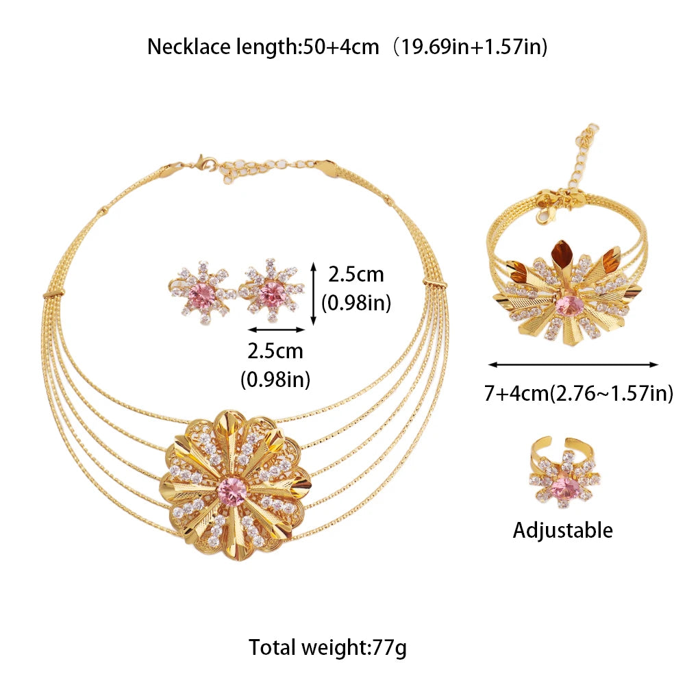 Arab Luxury Women Gold Color Necklace Earrings Bangle Ring Set Hollowed out Colorful Zircon Jewelry Set For Party Easter Gift