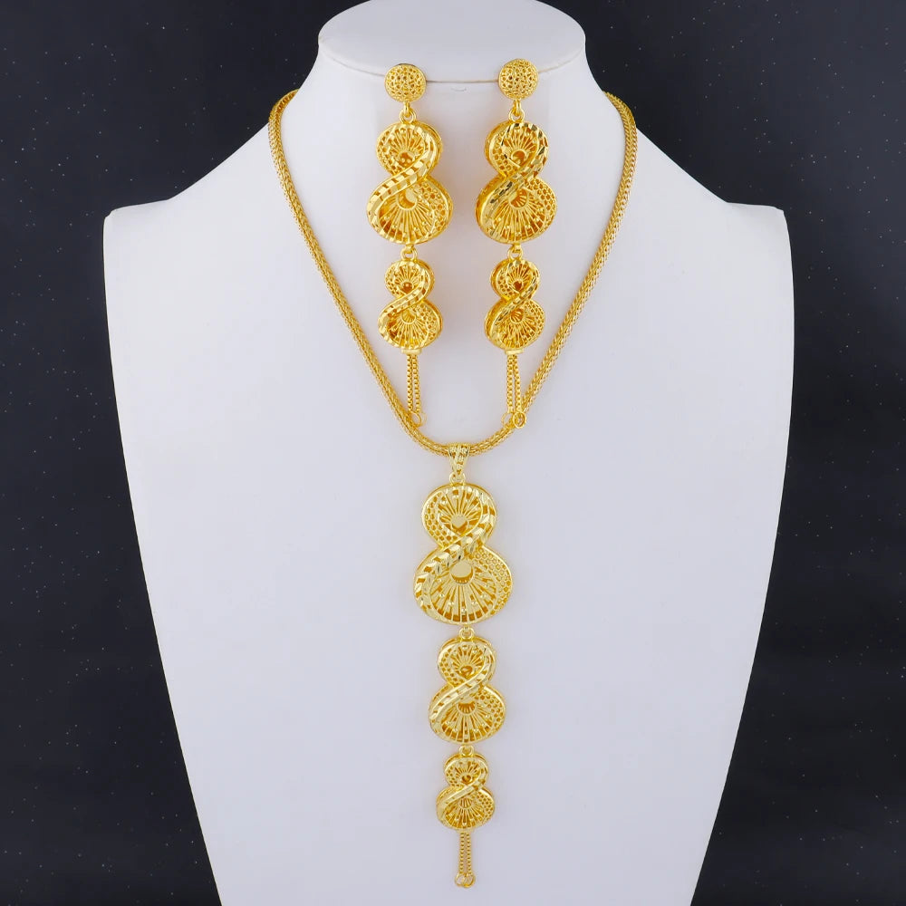 Dubai African Luxury Gold Plated Design Necklace Earrings Set for Women Gold Color Charms Jewelry Gift for Party Wedding
