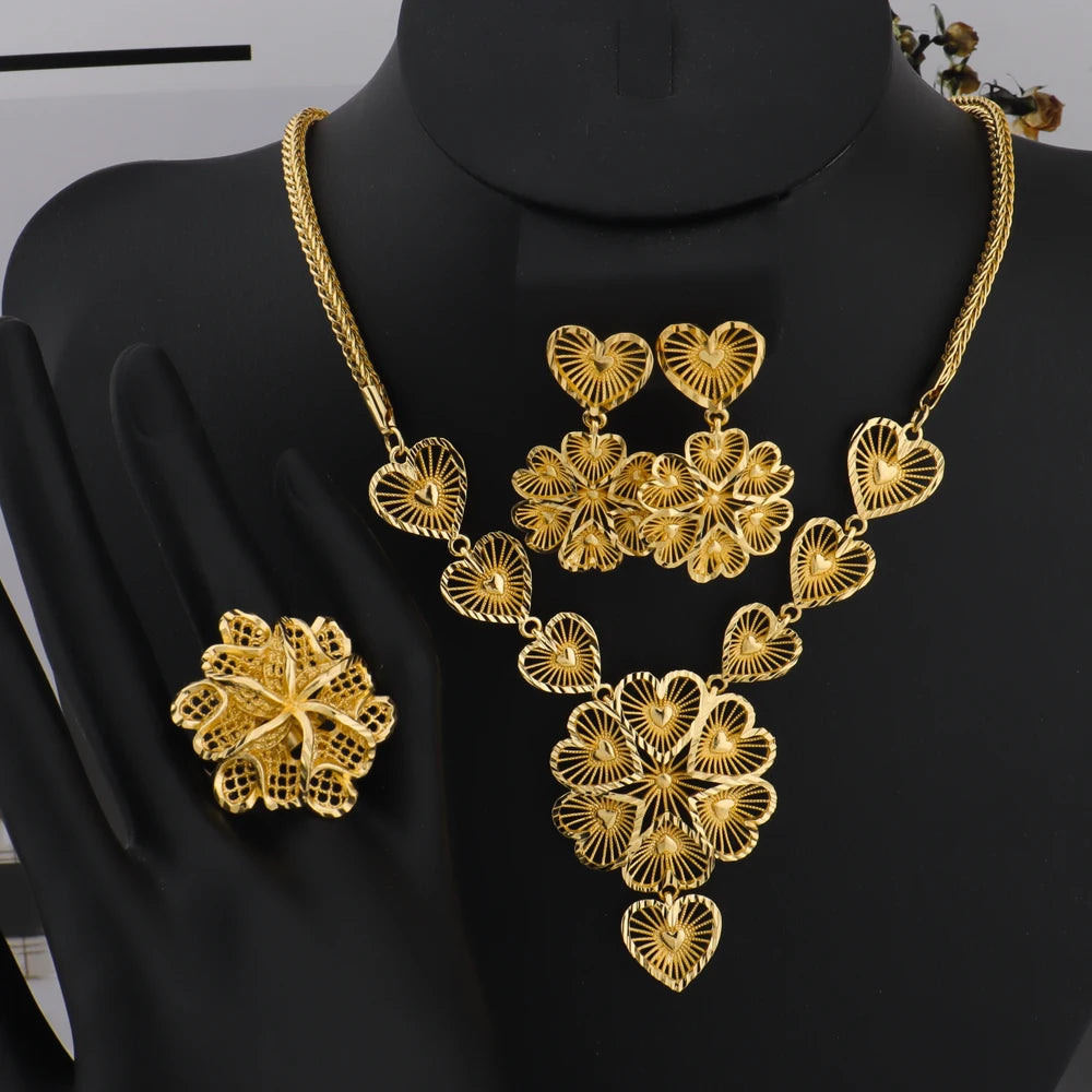 France Luxury Gold Color Jewelry For Women African Dubai Bridal Necklace Earrings Rings Set Wedding Party valentine day Gifts