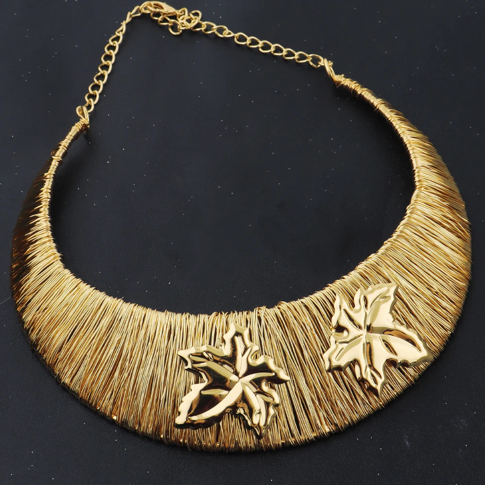 African Jewelry Set For Woman Luxury Necklace Bracelet Gold Color Leaf Shape Ring Earrings Chunky Chain Party Jewelry Gift Set