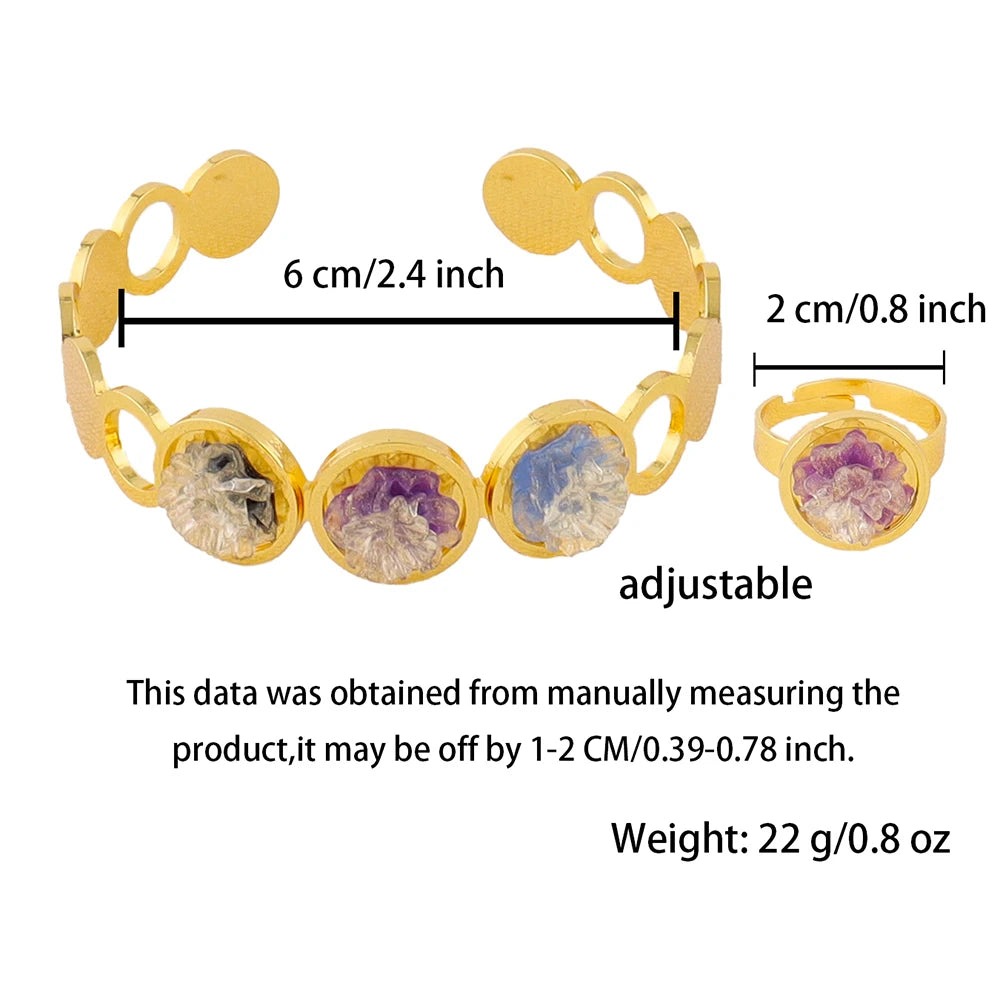 Stainless Steel Flower Shaped Zircon Rings Bracelet 24K Gold Plated Opening Ring Arab Dubai Women Jewelry Set For Wedding Gift