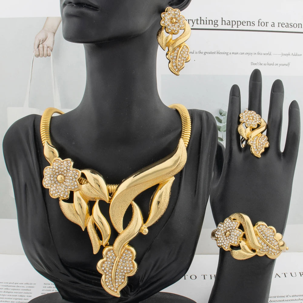 Luxury Flower Lady Jewelry Set Women 18k Gold Color Micro Inlaid Crystal Pendant Necklace Earrings Bridal Nigerian Accessories