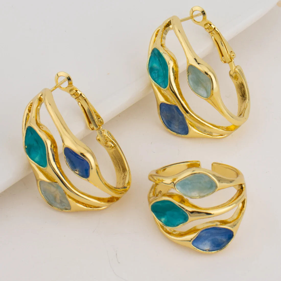 Colorful Women Earrings Ring Congo Africa Trendy Earrings Jewelry Advanced Shine Gold Plated Ring Women's Day Wedding Party