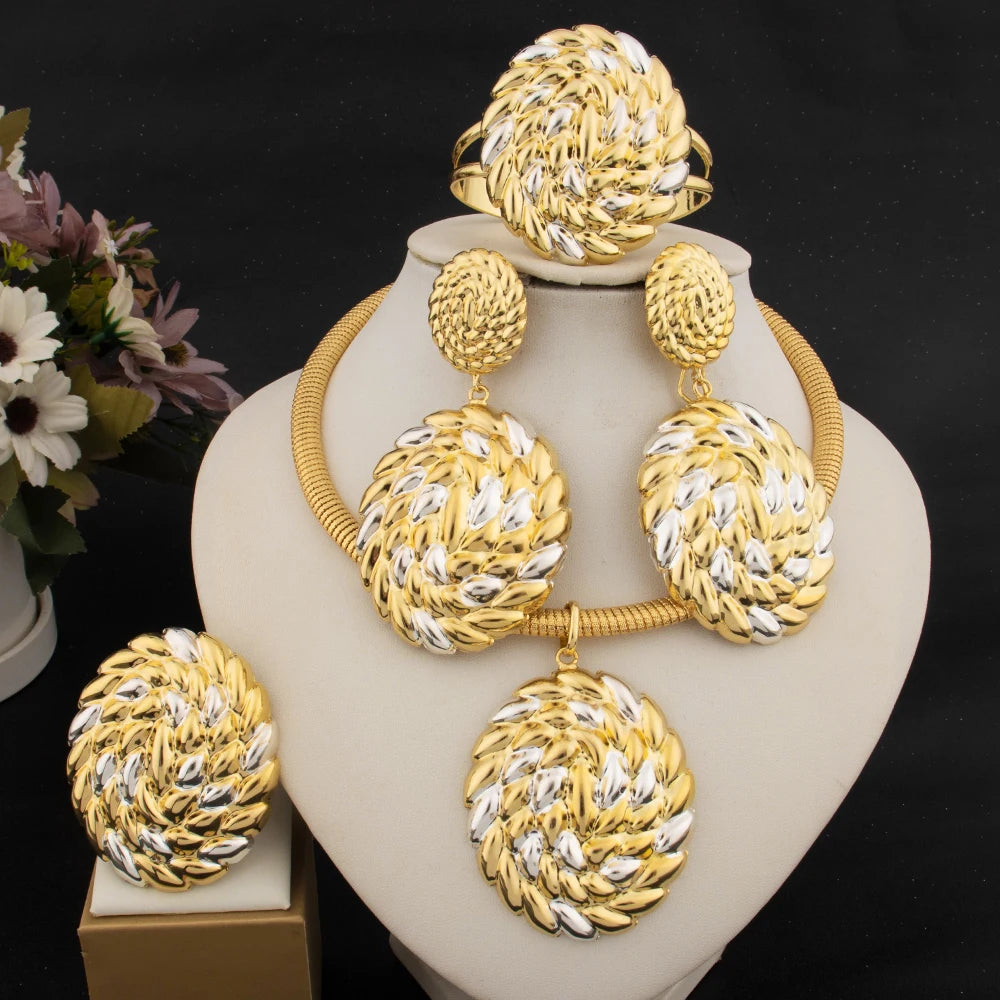 Women Luxury Design Jewelry Set Dubai America Gold Color Earrings Necklace Copper Alloy Bangle Rings Set For Wedding Party Gift