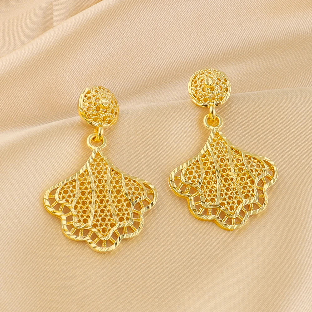 French Gold Color Charms Necklace Earrings Pins Ring Set for Women Fashion Gold Plated Party Wedding Christmas Jewelry Gift