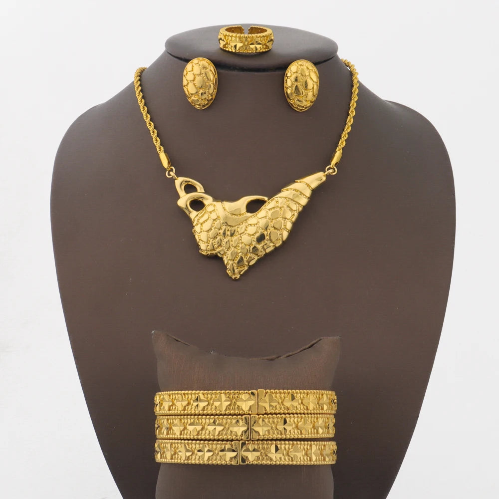 Luxury Dubai Gold Plated Stripe Pendant Gold Color Necklace Bracelet Earrings Ring Set Women's Day Event Party Vintage Jewelry