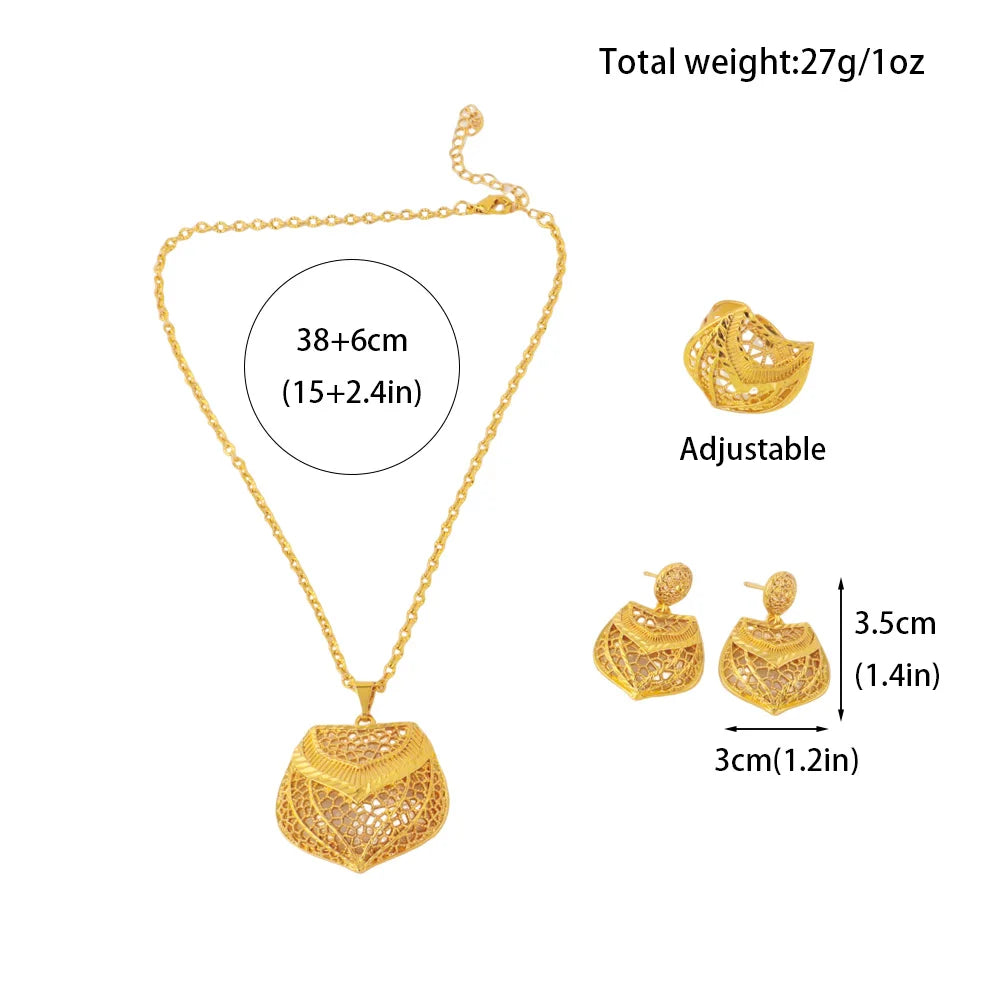 Nigerian Crown Shape Jewelery Set For Women Dubai Gold Color Earrings Bridal Ring African Necklace Gift For Mother's Day Wedding