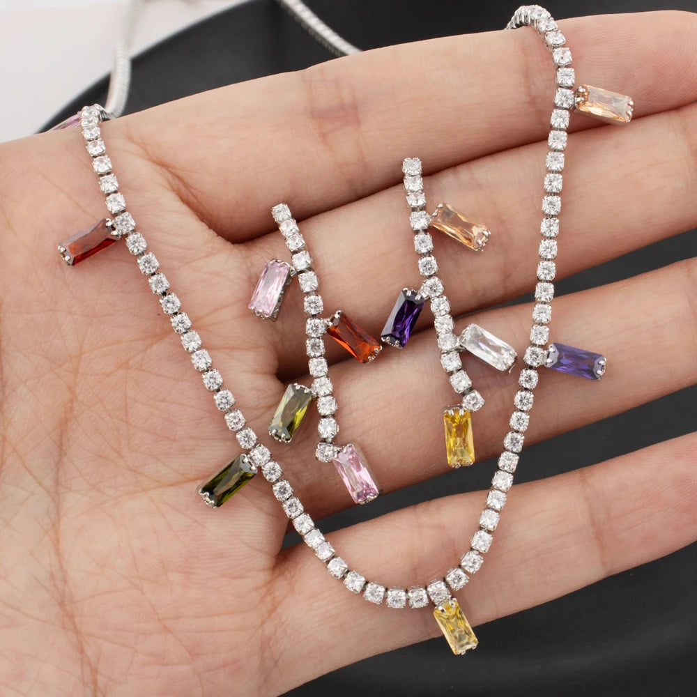 Woman Gold Color Earrings Necklace Italy Bohemia Style Jewelry Set France Elegant Square Zircon Jewelry Set For Party Dating
