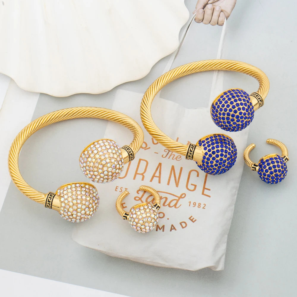 Gold Color Cuff Bracelet and Ring for Dubai African Women Blue Stone Hand Bangle Finger Ring Jewelry Set Wedding Bride Wife Gift