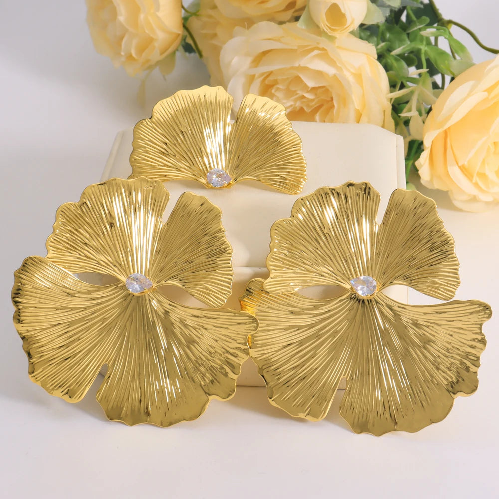 African Gold Color Luxury Flower Shaped Earrings and Ring 2Pcs Set For Women Special Design Jewelry Set Gift For Party