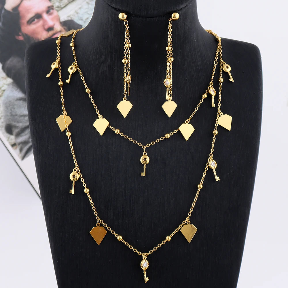 Stainless Steel Earrings Long Chain For Women Gold Plated Jewelry Set Bohemian style Necklace Earrings for Party Wedding Holiday