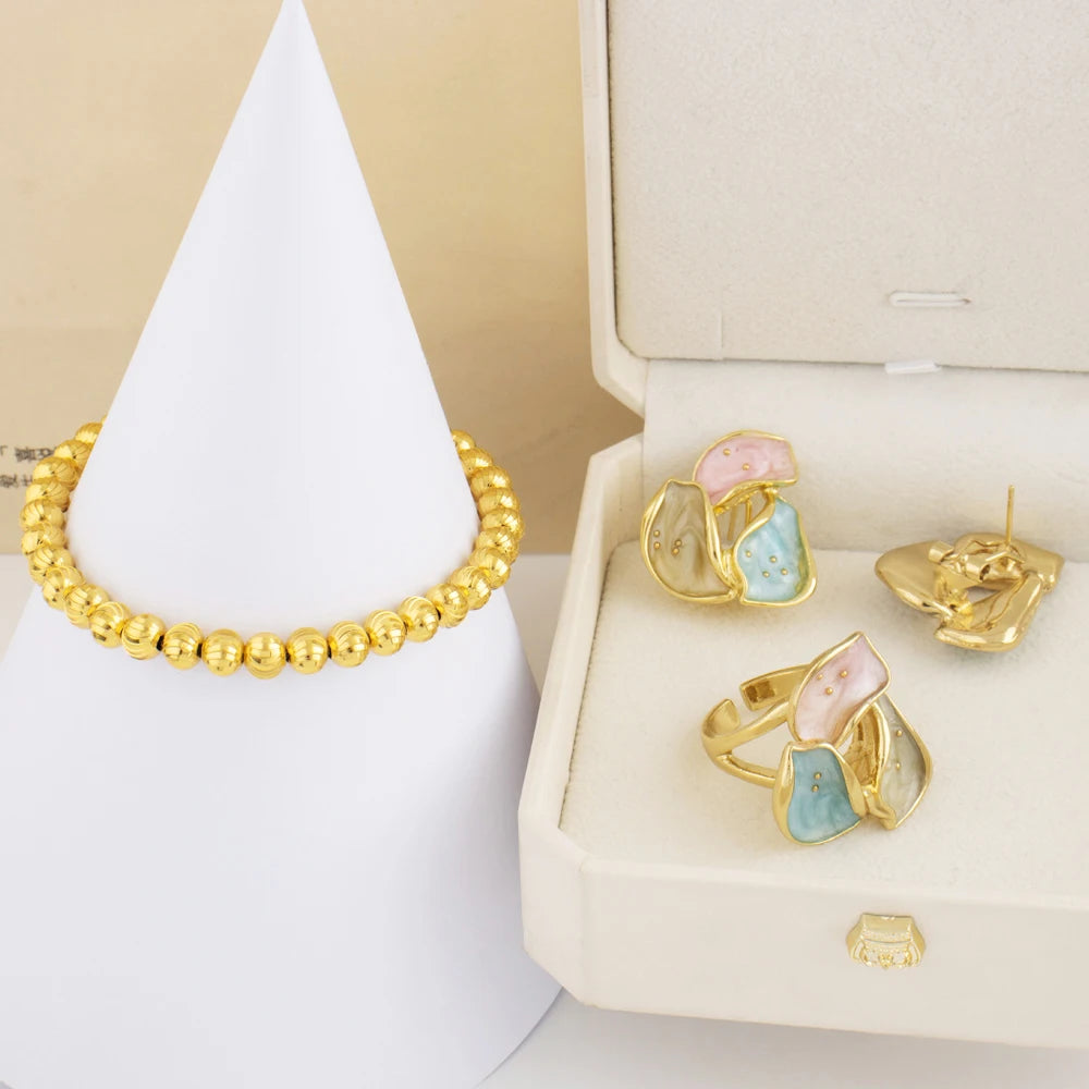 Colorful Earrings Ring Gold Color Bangle For Women Congo America Trendy Jewelry Set Advanced Shine Gift of Party Wedding Casual