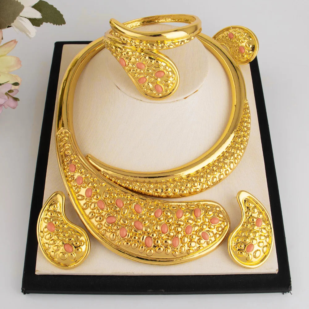 Italian Gold Plated Jewelry Set Dubai Ladies Necklace Earrings Bracelet Rings New Fashion High Quality Wedding Jewelry Gifts