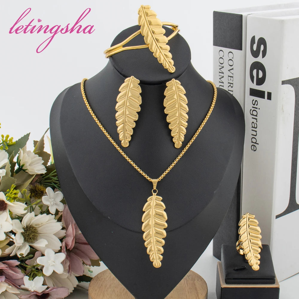 Luxury 18K Gold Color Leaf Necklace Earrings Bangle Ring Wedding Bridal Fashion Jewelry Set African Jewelry Set Party Gift