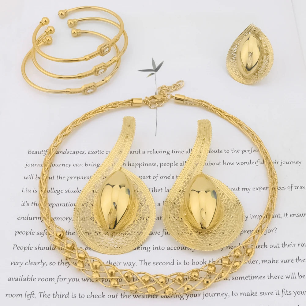 2025 African Women Gold Color Hollow out Jewelry Sets Charming Earrings Necklace Ring and Bangle Set Gift For Party Valentine