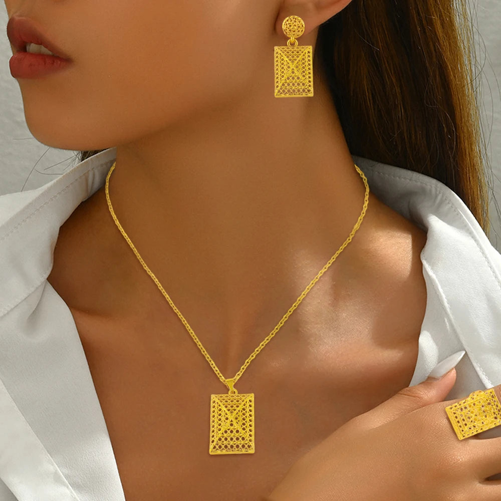 YM Gold Color Rectangle Shape Women Jewelry Set Mid East Noble Earrings Ring Necklace Jewelry Wholesale Gift for Party Wedding