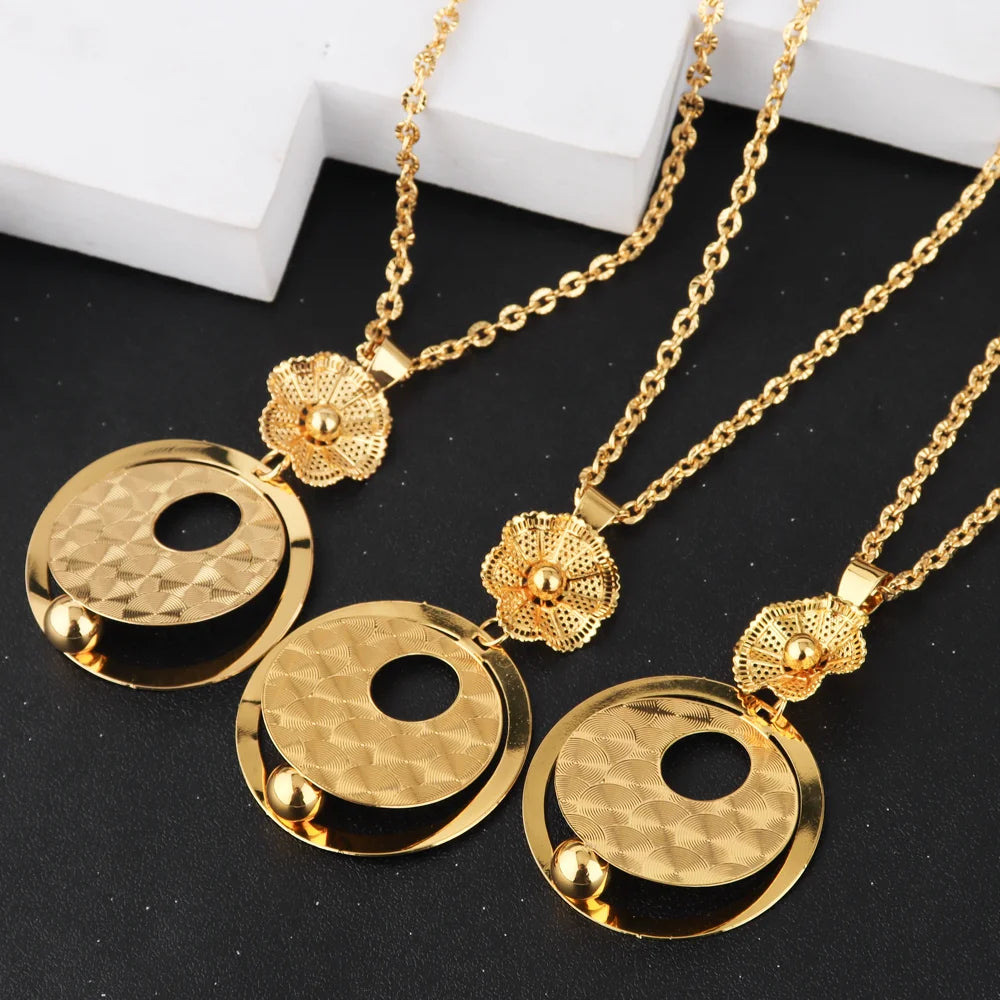 African Gold Color Women Necklace and Earrings Trend Dubai Flower Hollow Out Jewelry Set Gift For Party Wedding Daily Accessorie