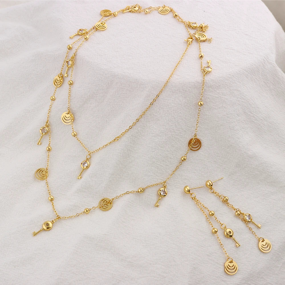 Fashion Charm Necklace Earrings Set for Girl Women Gold Plated Key Shape Long Chain Zircon Jewelry Gift for Party Wedding
