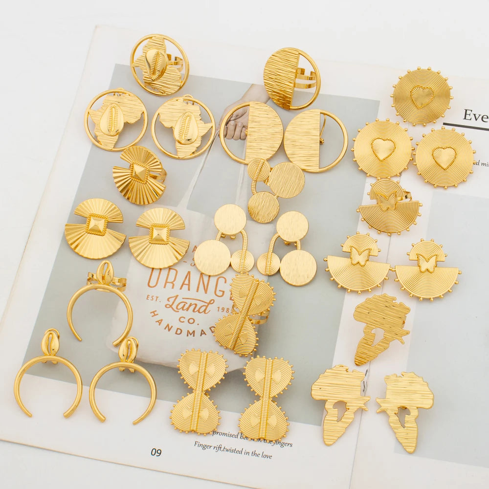 9Sets/lot Gold Color Earrings and Ring Nigeria Dubai Jewelry Sets for Women African Bride Wedding Italy Banquet Bohemia Earring