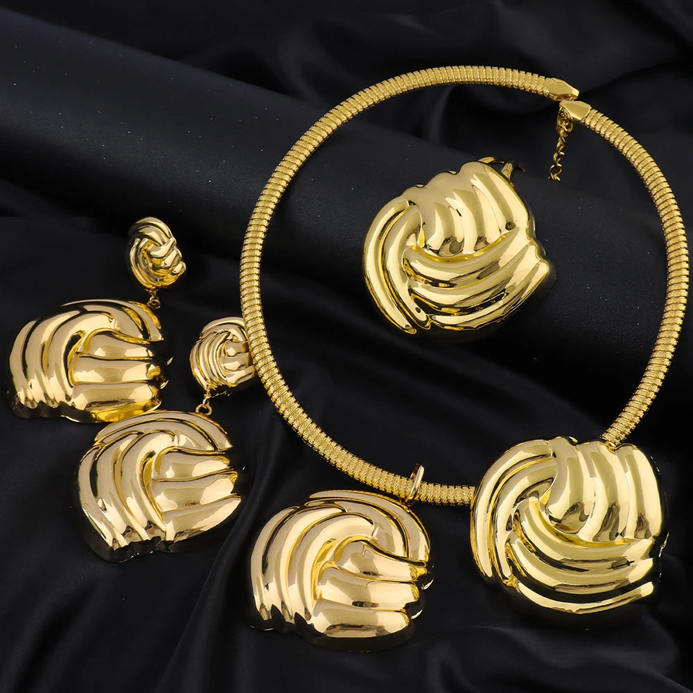 Dubai Gold Color Jewelry Set for Bridal 18k Gold Plated Big Necklace and Stud Earrings African Elegant Party Bangle Ring Jewelry