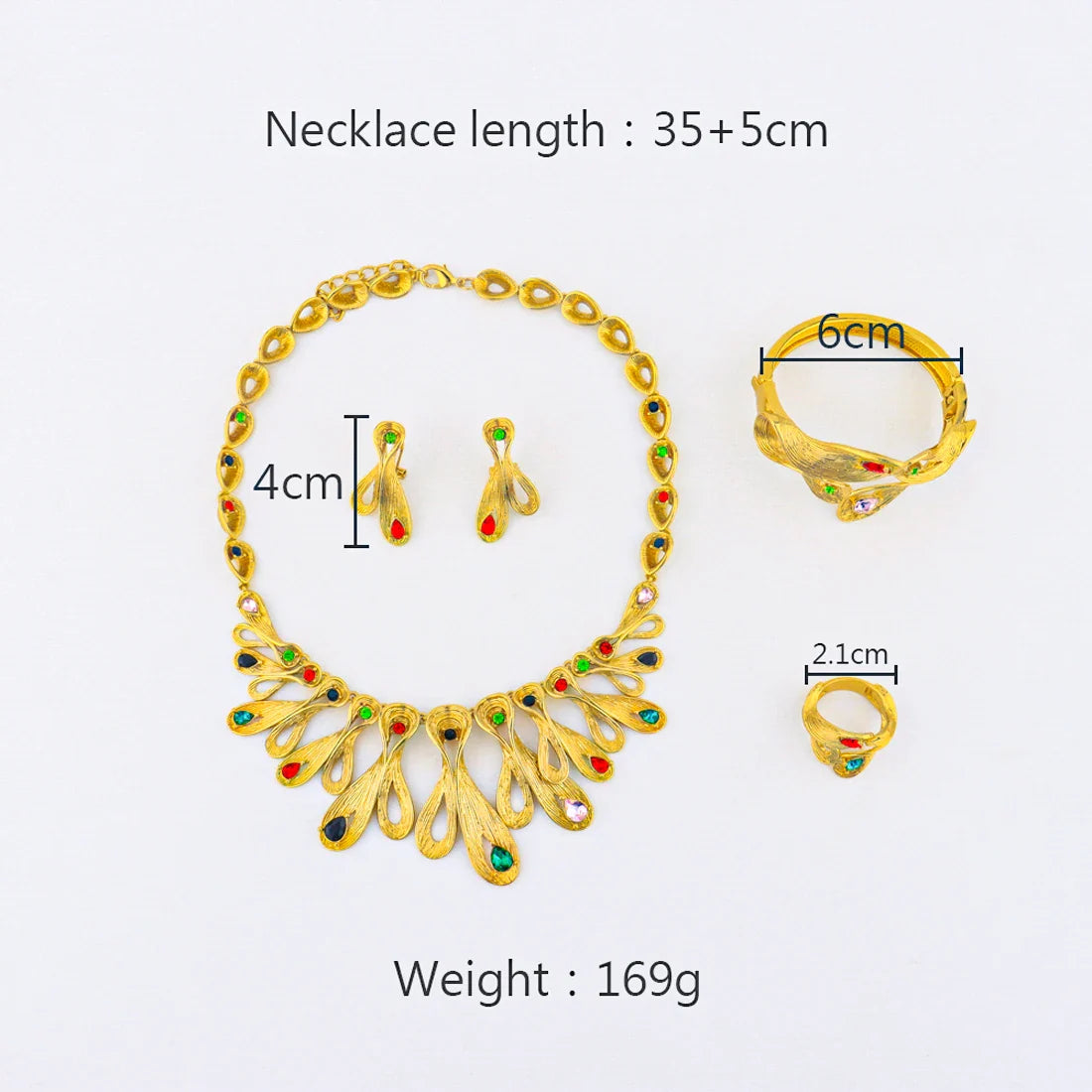 Dubai Luxury Gold Colour 4Pcs Jewelry Set Colored Gemstones Necklace Earrings Bracelet Ring Gift for Women's Day Party Wedding