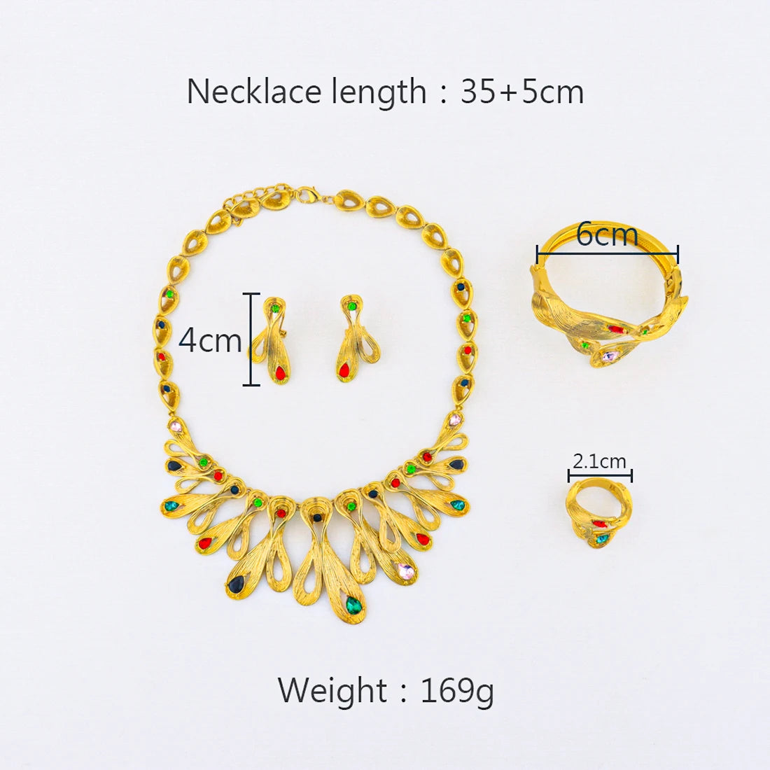 Dubai Luxury Gold Colour 4Pcs Jewelry Set Colored Gemstones Necklace Earrings Bracelet Ring Gift for Women's Day Party Wedding