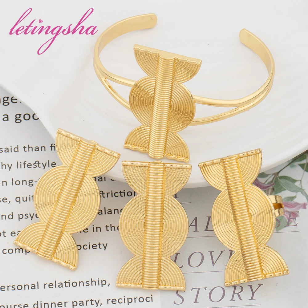 18K Gold Color Jewelry Dubai Luxury Earrings Ring Bangle Sets African Fashion Jewellery Set for Women Italian Wedding Party Gift