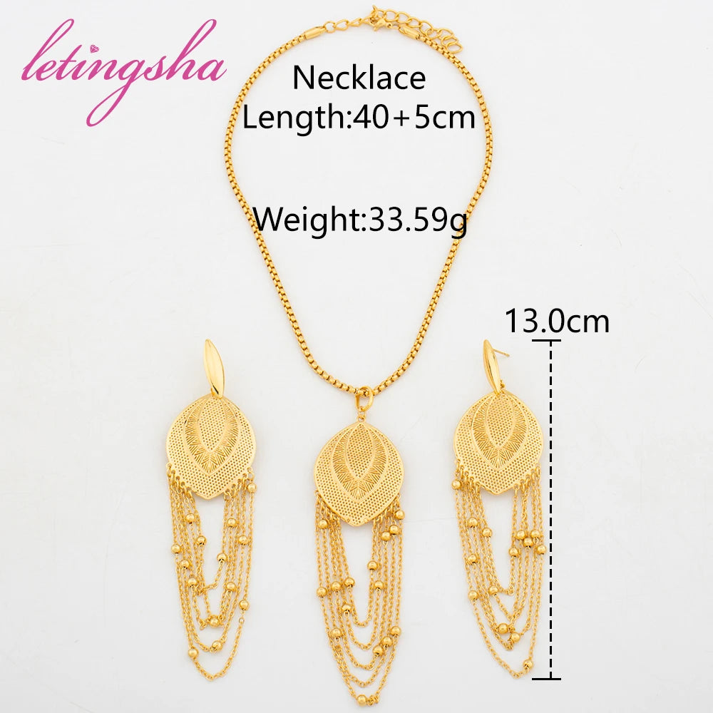 Luxury Gold Color Jewelry Set for Women Bohemian Classic Tassel Design Earrings Pendant Set African Copper Gold Plated Jewelry