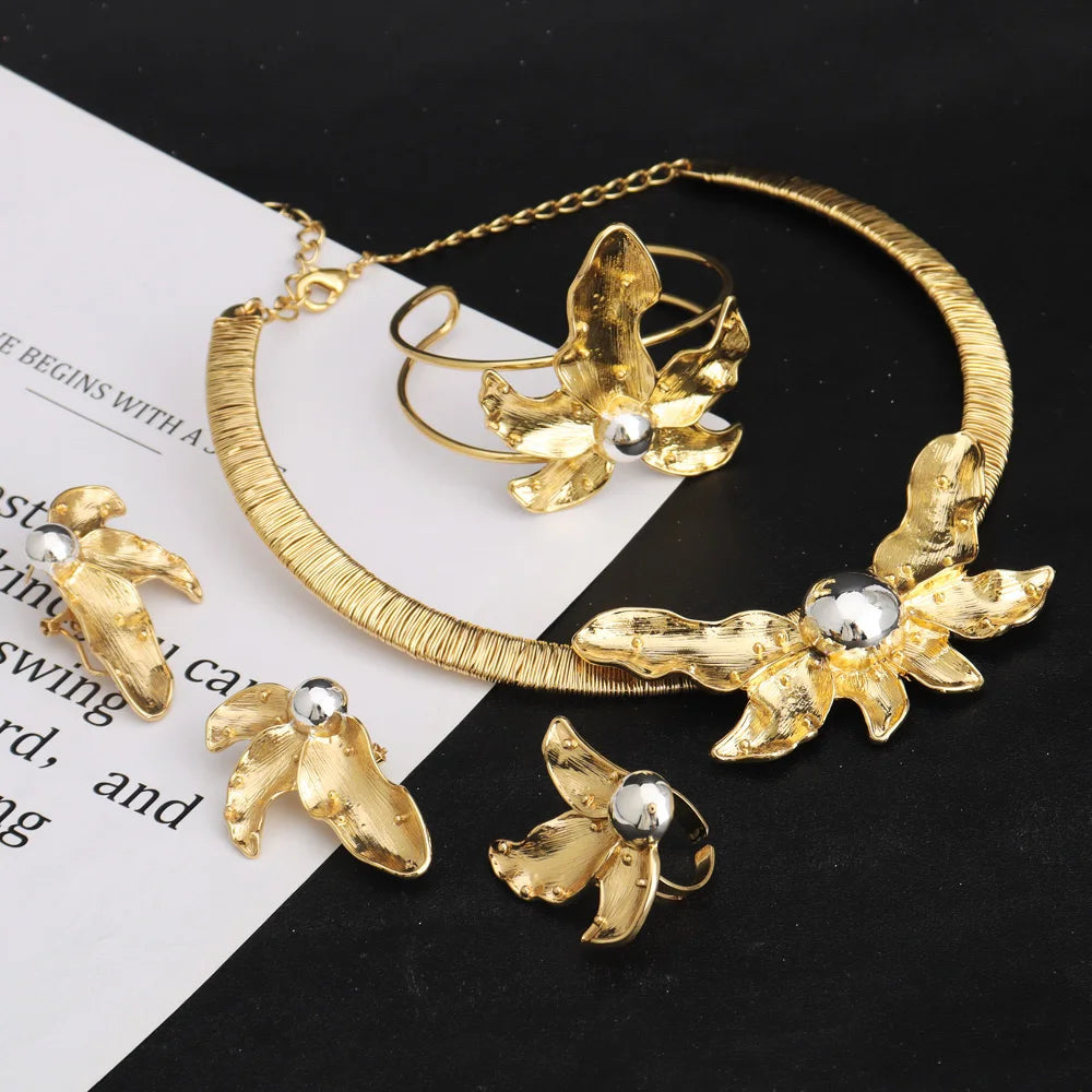 African Gold Color Earrings Necklace Bangle Ring Bride Set Stainless Steel Beads Ethiopian Women Jewelry Set For Party Wedding
