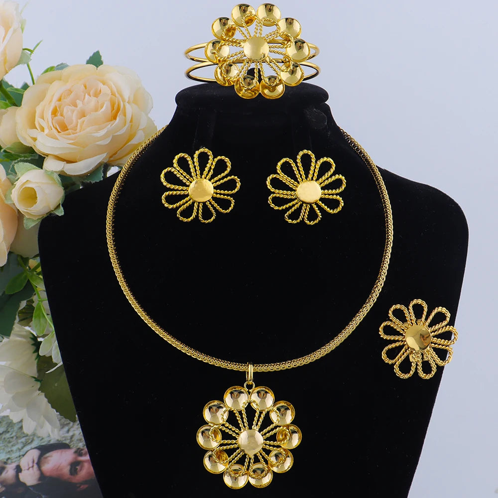 Gold Color Charms Necklace Earrings Pins Bracelet Ring Set for Women Fashion Gold Plated Party Wedding Bride Jewelry Gift