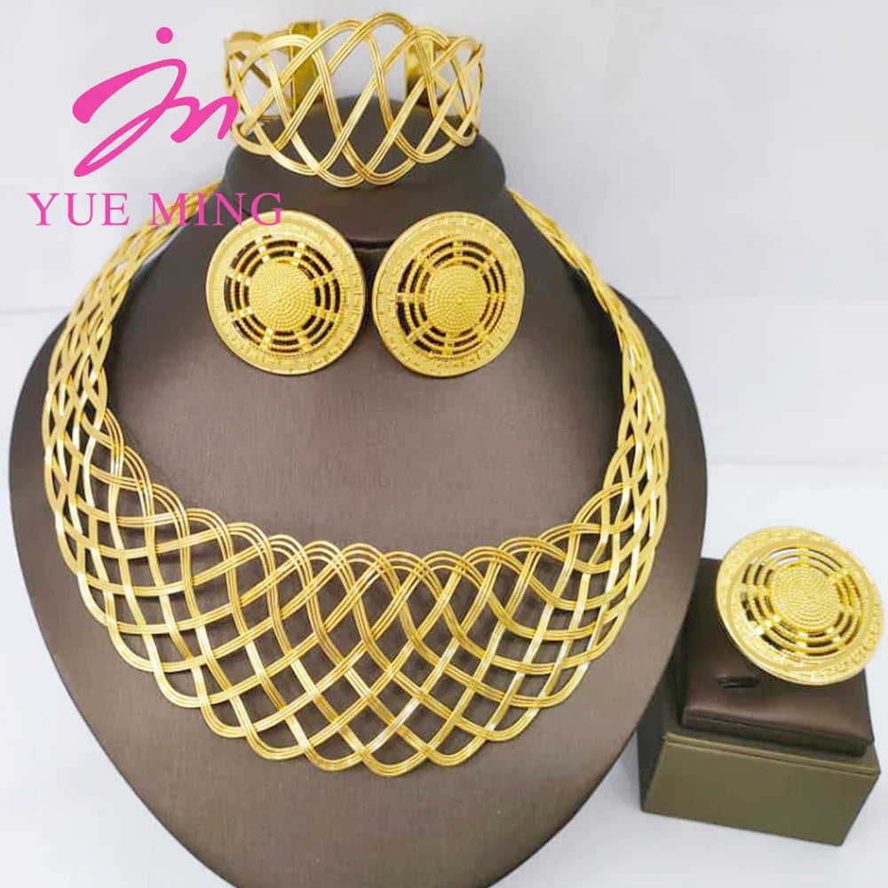 YM Gold Plated Jewelry Set for Women Copper Necklace Earrings Dubai African Party Bridal Wedding Gifts Arabic Cuff Bangles Rings - YUEMING JEWELRY