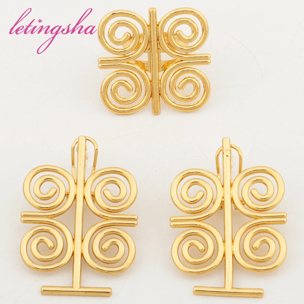 Bohemia Earrings and Finger Ring 2Pcs Set African Gold Color Jewelry Set for Women Irregular Design Dubai Jewelry Set Accessory