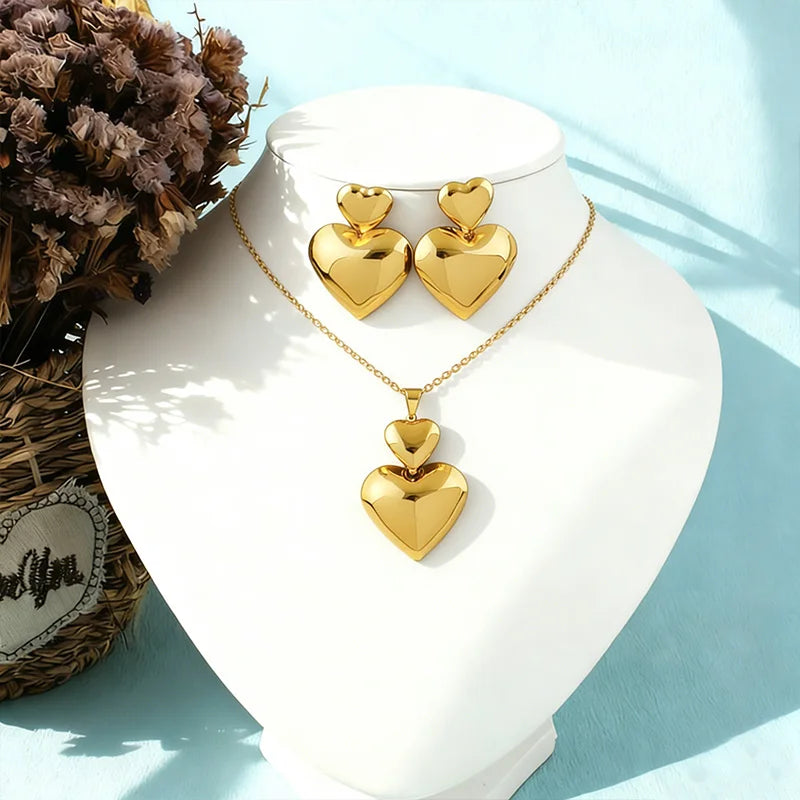 Gold Color Heart Shape Metal Pendant Earrings Sets 24K Gold Plated Simple Fashion Love Collarbone Chain Exquisite Holiday Gifts