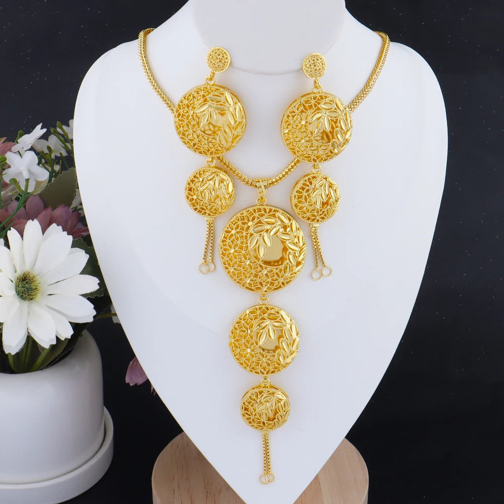 Luxury Dubai Jewelry Earrings Necklace Jewelry Sets For Women India Gold Color Hollow Design Wedding Accessory Bridal Party Gift