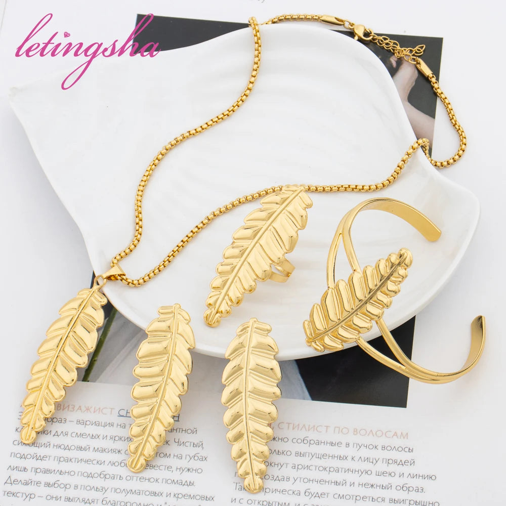 Luxury 18K Gold Color Leaf Necklace Earrings Bangle Ring Wedding Bridal Fashion Jewelry Set African Jewelry Set Party Gift