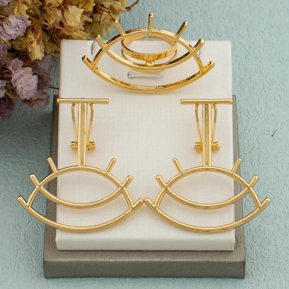 African Golden Jewelry Set for Women 18K Gold Plated Earrings Rings  Eye Design Wedding Bride Arab 2Pcs Set Jewelry Accessories