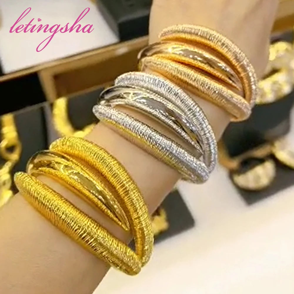 Jewelry Nigerian Bangle With Ring Colorful Women 18K Gold Plated Bracelet Wedding Party Gift Dubai Hollow Out Design Bracelet